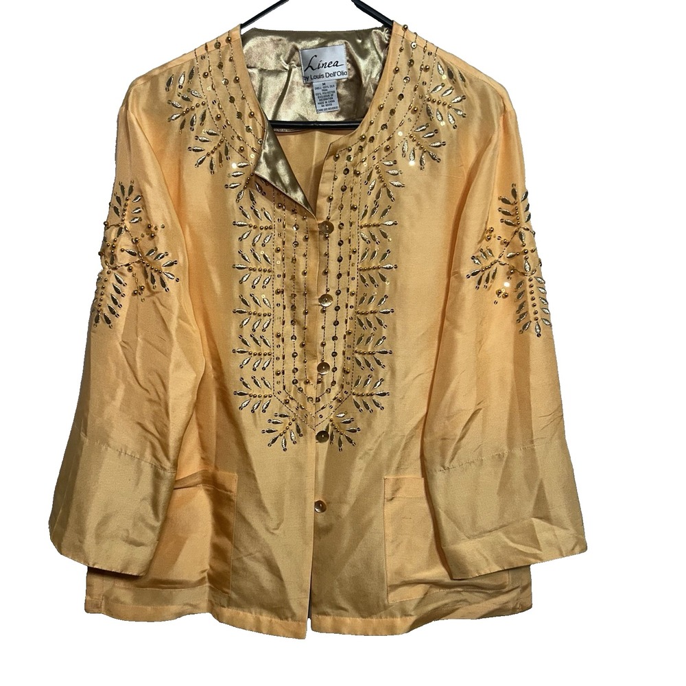 Linea by Louis‎ Dell'Olio Orange Sequin Sparkle 100% Silk Jacket Top Size M